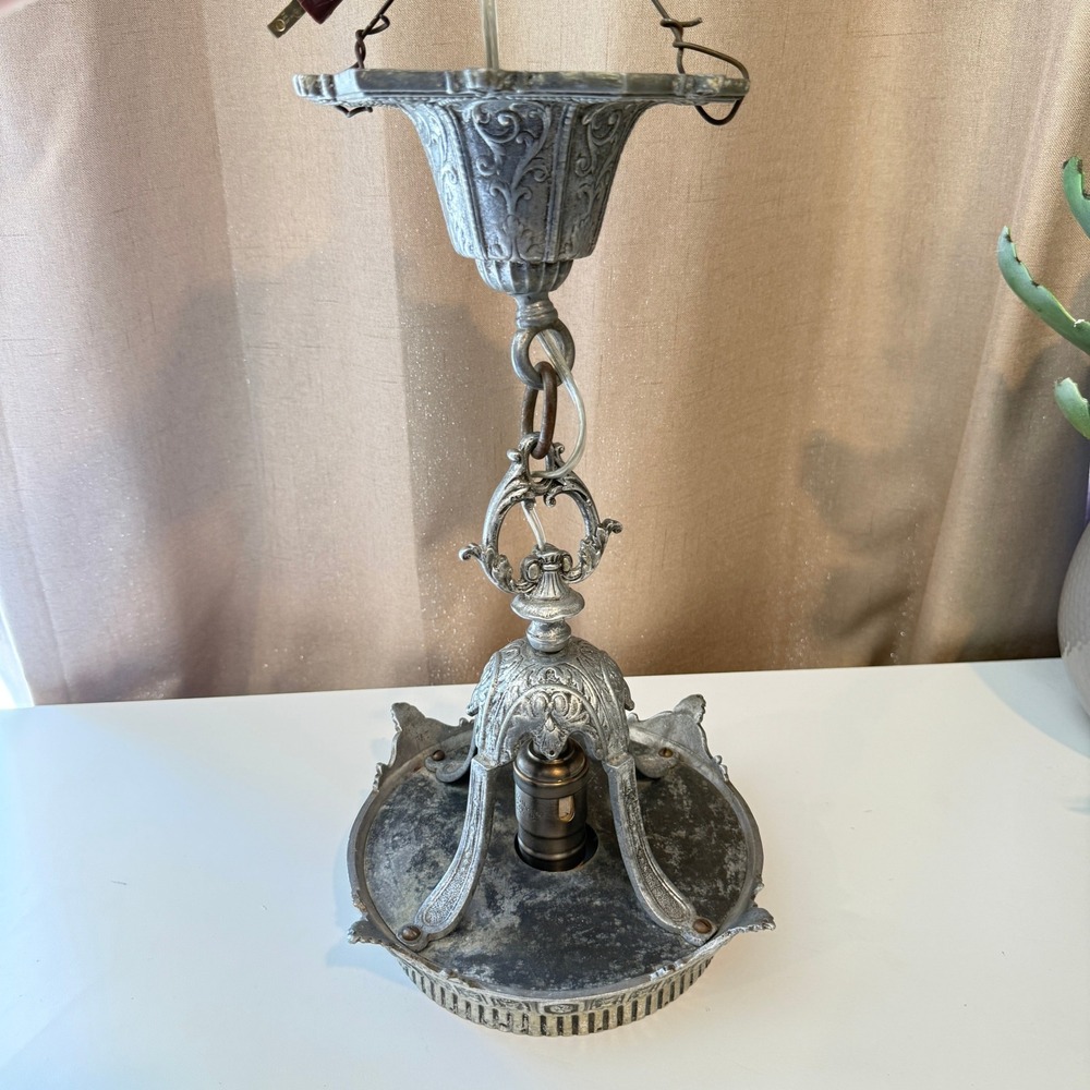 Vintage Leviton Ornate Cast Metal Swag Pendant Light Neoclassical Silver Floral
